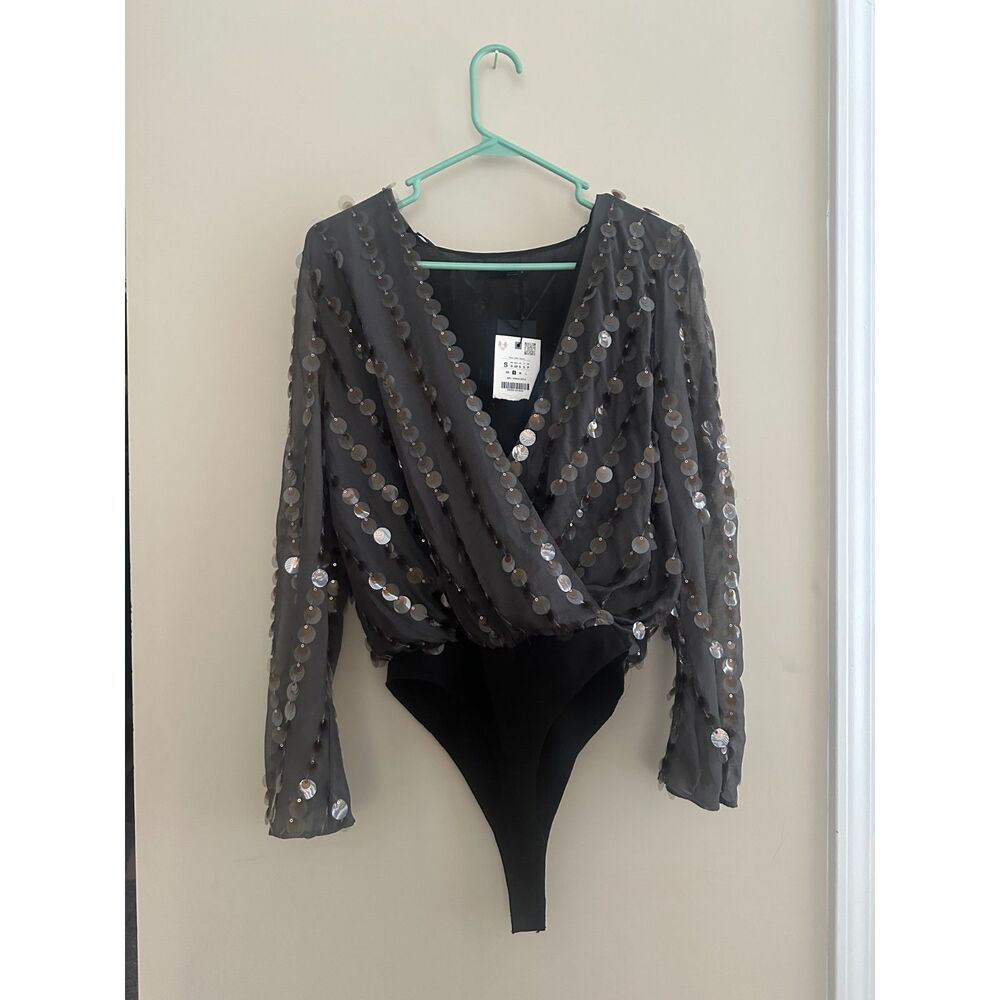 Zara Sequin Disc Surplice Bodysuit Charcoal Gray Sheer V-Neck NWT Size S